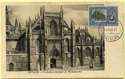 19lis0363.jpg -      Lote:       0363                Descrição:       Mosteiro da Batalha. Independência de Portugal. Postal ilustrado com a fachada do Mosteiro da Batalha, com selo de 3 ctvs ultramar CE362 da 1.ª emissão Independência de Portugal, obliterados com carimbo da Batalha (14.08.1926). MB e R.         PM         Valor Base:       &euro; 40,00       Valor Venda:       &euro;      