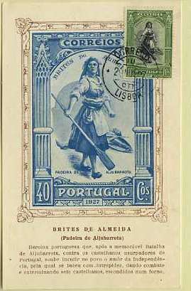19lis0365.jpg -      Lote:       0365                Descrição:       1927 - Independência de Portugal. 2.ª emissão. Postal ilustrado com imagem de Brites de Almeida (Padeira de Aljubarrota), editado pela Sociedade Histórica da Independência de Portugal, com selo de 40 ctvs verde amarelo CE429 (Brites de Almeida), obliterados com carimbo de Lisboa (29.11.27 - 1.º dia de circulação).         PM         Valor Base:       &euro; 30,00       Valor Venda:       &euro;      