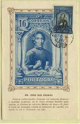 19lis0366.jpg -      Lote:       0366                Descrição:       1927 - Independência de Portugal. 2.ª emissão. Postal ilustrado com imagem do Dr. João das Regras, editado pela Sociedade Histórica da Independência de Portugal, com selo de 16 ctvs azul-escuro CE426 (Dr. João das Regras), obliterados com carimbo de Lisboa (29.11.27 - 1.º dia de circulação).         PM         Valor Base:       &euro; 30,00       Valor Venda:       &euro;      