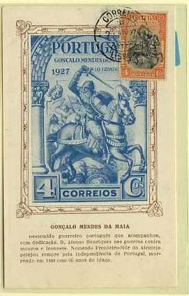 19lis0367.jpg -      Lote:       0367                Descrição:       1927 - Independência de Portugal. 2.ª emissão. Postal ilustrado com imagem de Gonçalo Mendes da Maia a cavalo, batalhando, editado pela Sociedade Histórica da Independência de Portugal, com selo de 4 ctvs laranja CE22 (Gonçalo Mendes da Maia), obliterados com carimbo de Lisboa (29.11.27 - 1.º dia de circulação).         PM         Valor Base:       &euro; 30,00       Valor Venda:       &euro;      