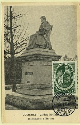 19lis0379.jpg -      Lote:       0379                Descrição:       Avelar Brotero - Postal ilustrado com o monumento a Brotero em Coimbra, com selo de $50 do Bicentenário de Avelar Brotero CE641, obliterados com carimbo de Coimbra (25.11.1944).         PM         Valor Base:       &euro; 30,00       Valor Venda:       &euro;      