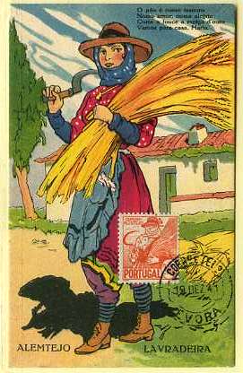 19lis0385.jpg -      Lote:       0385                Descrição:       Ceifeira alentejana. Postal ilustrado com Ceifeira Alentejana, edição de G & F. -  Lisboa, com selo de 2$00 laranja, da 1.ª emissão de Costumes Portugueses CE616, obliterados com carimbo de Évora (19.12.41).         PM         Valor Base:       &euro; 50,00       Valor Venda:       &euro;      