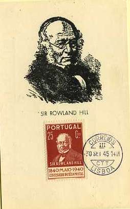 19lis0386.jpg -      Lote:       0386                Descrição:       Roland Hill - Postal ilustrado com a sua efígie, com selo de 25 ctvs do 1.º Centenário do Selo Postal CE600, obliterados com carimbo de Lisboa (30.09.45 - último dia de circulação dos selos desta emissão).         PM         Valor Base:       &euro; 24,00       Valor Venda:       &euro;      