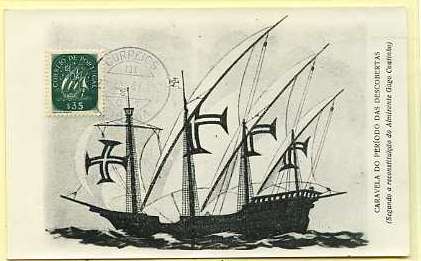 19lis0387.jpg -      Lote:       0387                Descrição:       Caravela do período das descobertas. Postal ilustrado com caravela do período das descobertas, com selo de $35 verde Tipo Caravela CE622, obliterados com carimbo de Lisboa (23.03.47).         PM         Valor Base:       &euro; 24,00       Valor Venda:       &euro;      