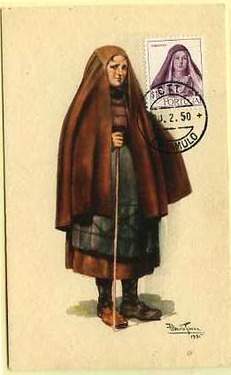 19lis0388.jpg -      Lote:       0388                Descrição:       Mulher da Beira Alta. Postal ilustrado com mulher da Beira Alta com traje regional, com selo de $10 violeta, da 2.ª emissão dos Costumes Portugueses CE677, obliterados com carimbo do Caramulo (20.02.1950).         PM         Valor Base:       &euro; 30,00       Valor Venda:       &euro;      