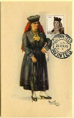 19lis0390.jpg -      Lote:       0390                Descrição:       Mulher de Avintes. Postal ilustrado com mulher de Avintes em traje regional, com selo de $50 castanho, da 2.ª emissão dos Costumes Portugueses CE680, obliterados com carimbo de Avintes (28.04.49).         PM         Valor Base:       &euro; 30,00       Valor Venda:       &euro;      