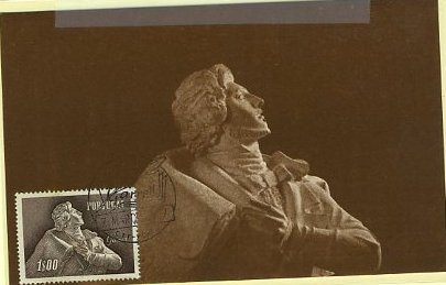 19lis0401.jpg -      Lote:       0401                Descrição:       1957 - Almeida Garrett. Postal ilustrado da Estátua de Almeida Garrett na Avenida da Liberdade em Lisboa, com selo de 1$00 castanho de Almeida Garrett CE827, obliterados com carimbo de 1.º dia de circulação (07.03.1957).         PM         Valor Base:       &euro; 6,00       Valor Venda:       &euro;      