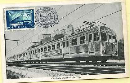 19lis0403.jpg -      Lote:       0403                Descrição:       Comboio eléctrico. Postal ilustrado com comboio eléctrico de 1956, edição comemorativa do Centenário dos Caminhos de Ferro, em Portugal, com selo de 1$50 azul CE822, obliterados com carimbo de 1.º dia de circulação do SIR (28.10.56).         PM         Valor Base:       &euro; 22,00       Valor Venda:       &euro;      