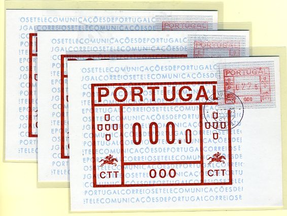 19lis0414.jpg -      Lote:       0414                Descrição:       1985 - Etiquetas. Correios e Telecomunicações de Portugal (FRAMA). Lote de 3 postais máximos da máquina 008 (19 linhas), nas taxas de 22$50, 52$50 e 68$50, todos obliterados com carimbo de 1.º dia de circulação (01.12.85).         PM         Valor Base:       &euro; 20,00       Valor Venda:       &euro;      