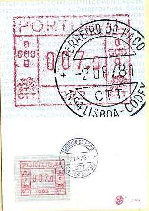 19lis0415.jpg -      Lote:       0415                Descrição:       1981 - Correios e Telecomunicações de Portugal. ETQ1. Postal ilustrado com etiqueta Frama de 7$00, com etiqueta de 7$00 máquina 002 (Terreiro do Paço), obliterados com carimbo do Terreiro do Paço (02.12.81 - 1.º Dia de circulação).         PM         Valor Base:       &euro; 30,00       Valor Venda:       &euro;      