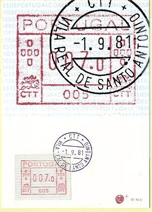 19lis0416.jpg -      Lote:       0416                Descrição:       1981 - Correios e Telecomunicações de Portugal (FRAMA). Postal ilustrado com etiqueta de 007,0 da máquina 005, com etiqueta de 007,0 da máquina 005 CE ETQ1, obliterados com carimbo de Vila Real de Santo António (01.09.81 - 1.º dia de circulação).         PM         Valor Base:       &euro; 40,00       Valor Venda:       &euro;      