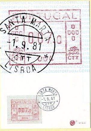 19lis0417.jpg -      Lote:       0417                Descrição:       1981 - Correios e Telecomunicações de Portugal (FRAMA). Postal ilustrado com etiqueta de 007,0 da máquina 004, com etiqueta de 007,0 da máquina 004 CE ETQ1, obliterados com carimbo de Santa Marta (01.09.81 - 1.º dia de circulação).         PM         Valor Base:       &euro; 40,00       Valor Venda:       &euro;      