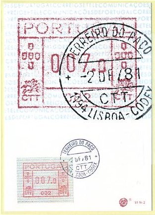 19lis0418.jpg -      Lote:       0418                Descrição:       1981 - Correios e Telecomunicações de Portugal (FRAMA). Postal ilustrado com etiqueta de 007,0 da máquina 002, com etiqueta de 007,0 da máquina 002 CE ETQ1, obliterados com carimbo do Terreiro do Paço (02.12.81 - 1.º dia de circulação).         PM         Valor Base:       &euro; 40,00       Valor Venda:       &euro;      