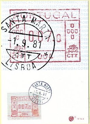 19lis0419.jpg -      Lote:       0419                Descrição:       1981 - Correios e Telecomunicações de Portugal (Frama). Postal ilustrado com etiqueta Frama da máquina 004 (Santa Marta), com etiqueta Frama de 7$00 da máquina 004 e carimbo do 1.º dia de circulação (01.09.81) de Santa Marta. B e R.         PM         Valor Base:       &euro; 50,00       Valor Venda:       &euro;      