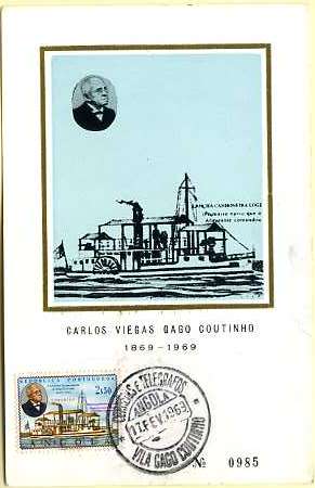 19lis0422.jpg -      Lote:       0422                Descrição:       Gago Coutinho. Postal ilustrado de Gago Coutinho, com selo comemorativo do Centenário do Nascimento de Gago Coutinho de 2$50 CE536, obliterados com carimbo de Gago Coutinho (17.02.1969).         PM         Valor Base:       &euro; 12,00       Valor Venda:       &euro;      