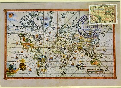 19lis0425.jpg -      Lote:       0425                Descrição:       Mapa dos Descobrimentos - Postal ilustrado editado pelo Museu da Marinha, com selo de Cabo Verde de 1$00 do 5.º Centenário de Pedro Alvares Cabral (Planisfério de Cantino) CE327, obliterados com carimbo de S. Vicente de 23.12.69).         PM         Valor Base:       &euro; 10,00       Valor Venda:       &euro;      