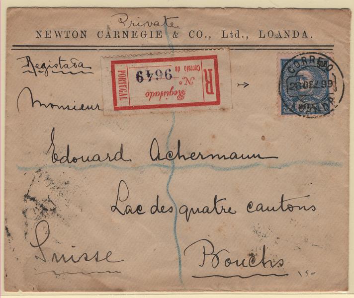 305.jpg -     Lote:    305            Angola       Descrição:         1898/1901 — D. Carlos I, Mouchon. MF50, 300 reis azul escuro s/ rosa, papel liso, denteado 11 Ÿ, em sobrescrito circulado registado de Luanda (28.12.99) para Bouchs / Suíça (26.01.00), com trânsito por Lisboa (22.01.00), para pagar o 5.º porte (250 reis) para cartas circuladas para a Suíça com o peso de 61 a 75g + 50 reis pelo prémio de registo. Exemplar raro e muito bonito, sem defeitos nem reparações.         Carta       Valor Base:     € 125,00     Valor Venda:     €      