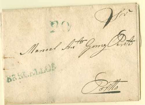 20Lis_12.jpg -     Lote:    12             Descrição:     Barcelos - A verde, GM BCL1 em carta remetida de Barcelos (15.09.1852) para o Porto (19.09.1852) com o porte de 20 reis batido a verde.         Carta        Valor Base:     € 5,00     Valor Venda:     €      