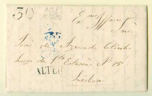 20Lis_9.jpg -     Lote:    9             Descrição:     Alter - A preto (cor não catalogada) GM ALT1, em carta datada de Alter (18.12.1852) para Lisboa (22.12.1852) com o porte de 30 reis também batido a preto.         Carta        Valor Base:     € 30,00     Valor Venda:     €      