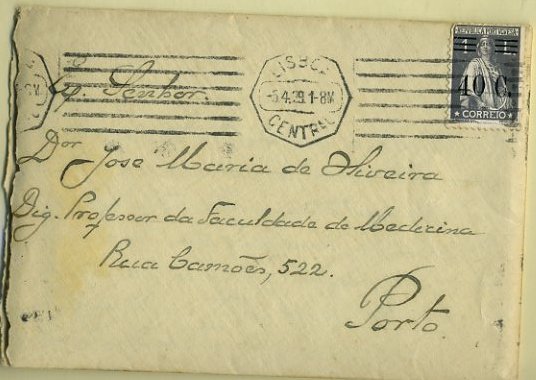 20Lis_102.jpg -     Lote:     102             Descrição:     1928/29 - Ceres, com sobretaxa. Sobrescrito circulado de Lisboa (05.04.29) para o Porto (05.04.29) com selo de 40 ctvs s/ 1E CE482 com espaçamento de barras do tipo VIII. MB e MR.         Carta        Valor Base:     &euro; 50,00     Valor Venda:     &euro;      