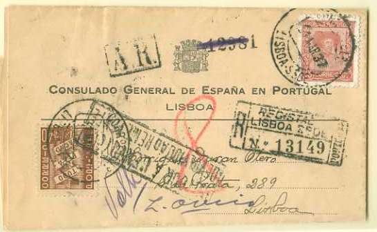 20Lis_104.jpg -     Lote:     104             Descrição:     1935 - Infante D. Henrique e Tudo pela Nação. Circular do Consulado de Espanha remetido como impresso com Aviso de Recepção em Lisboa (31.03.37) com selos de 15 ctvs castanho-vermelho CE569 e selo de 40 ctvs castanho CE571.         Carta        Valor Base:     &euro; 10,00     Valor Venda:     &euro;      