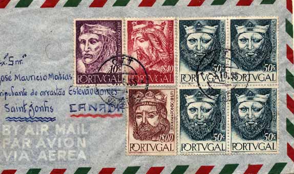 20Lis_113.jpg -     Lote:     113             Descrição:     1955 - Reis de Portugal da 1.ª Dinastia. Sobrescrito circulado da Nazaré (03.10.55) para o Canadá com selos de 10 ctvs, 50 ctvs (quadra), 1$00 e 1$40. CE806, 808(4), 810 e 811.         Carta        Valor Base:     &euro; 12,00     Valor Venda:     &euro;      