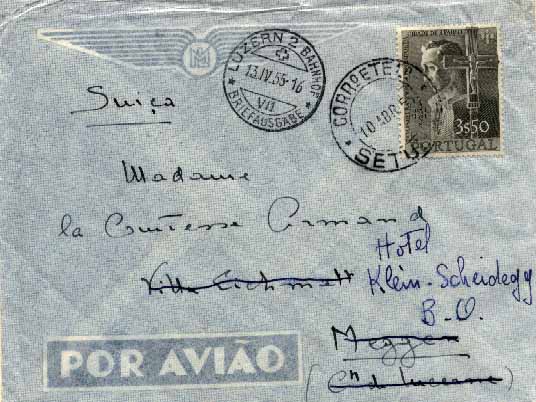 20Lis_114.jpg -     Lote:     114             Descrição:     1954 - 4.º Centenário da Fundação da Cidade de S. Paulo. Sobrescrito circulado de Setúbal (10.08.55) para a Suiça (13.04.55) com selo de 3$50, cinzento CE804. B.         Carta        Valor Base:     &euro; 18,00     Valor Venda:     &euro;      