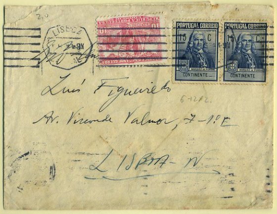 20Lis_117.jpg -     Lote:     117             Descrição:     1934 - Selos de Recurso. Marquês de Pombal e Padrões da Grande Guerra. Sobrescrito circulado em Lisboa (21.06.34) com dois selos Marquês de Pombal de 15 ctvs (Efígie) e Padrões da Grande Guerra 10 ctvs carmim. Selos do Imposto Postal usados como selos de recurso do correio ordinário.          Carta        Valor Base:     &euro; 10,00     Valor Venda:     &euro;      