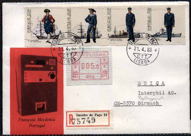 20Lis_119.jpg -     Lote:     119             Descrição:     1983 - Etiquetas tipo Frama + Uniformes Militares * Marinha. Sobrescrito circulado registado de Lisboa (21.04.83) para a Alemanha (25.04.83) com tira de quatro selos com série completa (retirados da caderneta) dos Uniformes Militares CE1603A/1606A) e etiqueta tipo Frama de 5$00 da máquina 002 (Terreiro do Paço).         Carta        Valor Base:     &euro; 15,00     Valor Venda:     &euro;      