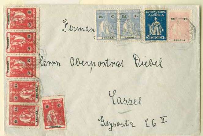 20Lis_126.jpg -     Lote:     126             Descrição:     1931 - Tipo Ceres e Imposto Postal Assistência. Sobrescrito circulado do Lobito (21.07.1931) para a Alemanha, com 6 selos de 2 ctvs carmim CE146, dois selos de 24 ctvs ultramar CE214, selo de 80 ctvs rosa CE209 e selos do Imposto Postal de 50 ctvs azul-escuro CE IPT4         Carta        Valor Base:     &euro; 14,00     Valor Venda:     &euro;      