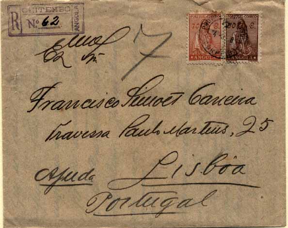 20Lis_130.jpg -     Lote:     130             Descrição:     Carimbos numéricos volantes. Sobrescrito circulado registado de Chitembo (04.03.1933) para Lisboa (27.03.1933) com selos Ceres, novo tipo de 50 e 70 ctvs, CE236 e 237, obliterados com carimbo numérico volante n.º 7, atribuído à Estação Postal de CHITEMBO.         Carta        Valor Base:     &euro; 5,00     Valor Venda:     &euro;      