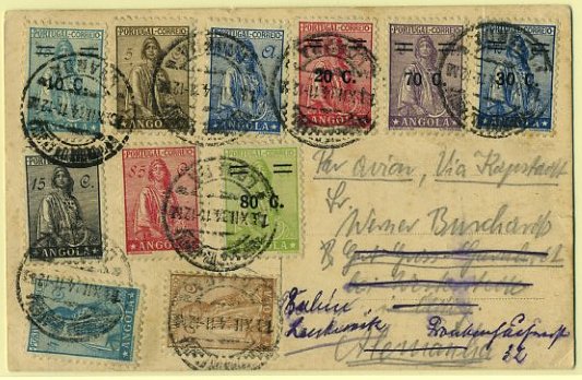 20Lis_131.jpg -     Lote:     131             Descrição:     1932/34 - Ceres, novo tipo + Ceres novo tipo, com sobretaxa. Postal ilustrado circulado por via aérea de Luanda (13.12.34) para a Alemanha, com selos de 5, 15, 45, 50, 85 CTVS, 1$40, 10 s/ 45, 20 s/ 85, 70 s/ 2A, 30 s/ 1$40 e 80 s/ 5ª. CE229, 231, 235, 236, 240, 242, 247/251.         PI        Valor Base:     &euro; 42,00     Valor Venda:     &euro;      