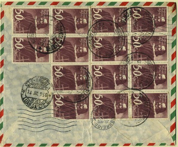 20Lis_133.jpg -     Lote:     133             Descrição:     1948 - Tricentenário da Restauração de Angola. Sobrescrito circulado de Luanda (24.07.50) para Lisboa (29.07.50)  com 14 selos de $50 castanho-violeta. CE295. MB.         Carta        Valor Base:     &euro; 15,00     Valor Venda:     &euro;      
