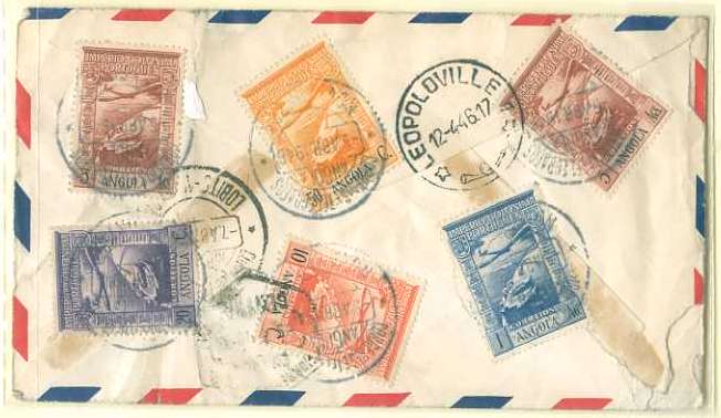 20Lis_138.jpg -     Lote:     138             Descrição:     1938 - Império Colonial Português. Sobrescrito circulado de Nova Sintra (05.04.1946) para os EUA com trânsito pelo Lobito (07.04.46) e Leopoldville (12.04.1946) com selo de 1$75 para pagamento do porte ordinário, CE271 e selos de 10 ctvs, 20 ctvs, 50 ctvs, 1E, 2x5E CE CA1/4 e 7, para pagamento da sobretaxa do correio aéreo.         Carta        Valor Base:     &euro; 30,00     Valor Venda:     &euro;      