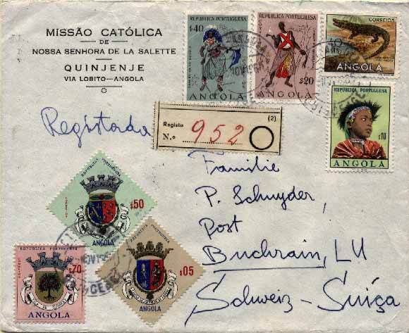 20Lis_141.jpg -     Lote:     141             Descrição:     1953/63 - Animais de Angola + Tipos Indígenas de Angola + Tipos Femininos + Brasões (1 e 2ª emissões) + Igrejas + Viagem Presidencial. Sobrescrito circulado registado de Quinjenje (25.11.65) para a Suiça, com trânsito por Lisboa (29.11.65) com selos CE359, 391, 393, 412, 436, 439, 456, 462, 465 e 482.         Carta        Valor Base:     &euro; 20,00     Valor Venda:     &euro;      