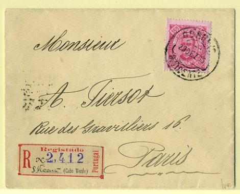 20Lis_142.jpg -     Lote:     142             Descrição:     1893/95 - D. Carlos I, Diogo Neto. Sobrescrito circulado registado de S. Vicente (29.12.96) para Paris (10.01.97) com trânsito por Lisboa (06.07.97) com selo de 150 reis, papel porcelana, denteado 13.5, CE34. MB e MR.         Carta        Valor Base:     &euro; 250,00     Valor Venda:     &euro;      