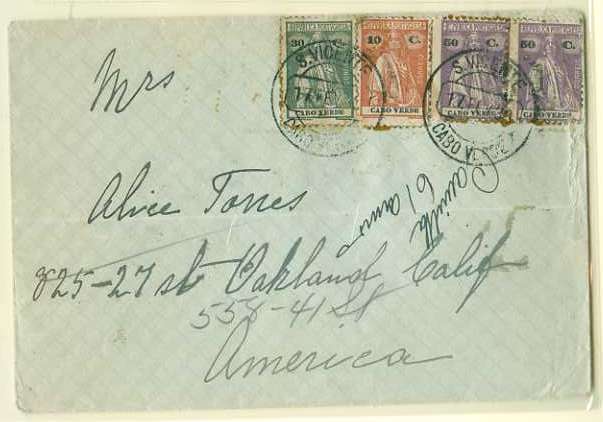 20Lis_143.jpg -     Lote:     143             Descrição:     1914/26 - Ceres. Sobrescrito circulado de S. Vicente (17.02.1930) para os EUA com par de 50 ctvs violeta CE192, 10 ctvs tijolo CE146 e 30 ctvs verde-escuro CE177.         Carta        Valor Base:     &euro; 10,00     Valor Venda:     &euro;      