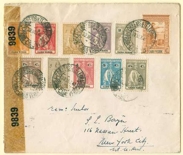 20Lis_144.jpg -     Lote:     144             Descrição:     1942 - Tipo Ceres e Império Colonial Português. Sobrescrito circulado de Praia / Cabo Verde (22.12.42) para os EUA via Lisboa (23.01.43) com selos Ceres CE140, 141, 142, 143, 171, 172, 173, 189, 199 e 200 e selo de 5 ctvs Império Colonial CE219.         Carta        Valor Base:     &euro; 40,00     Valor Venda:     &euro;      