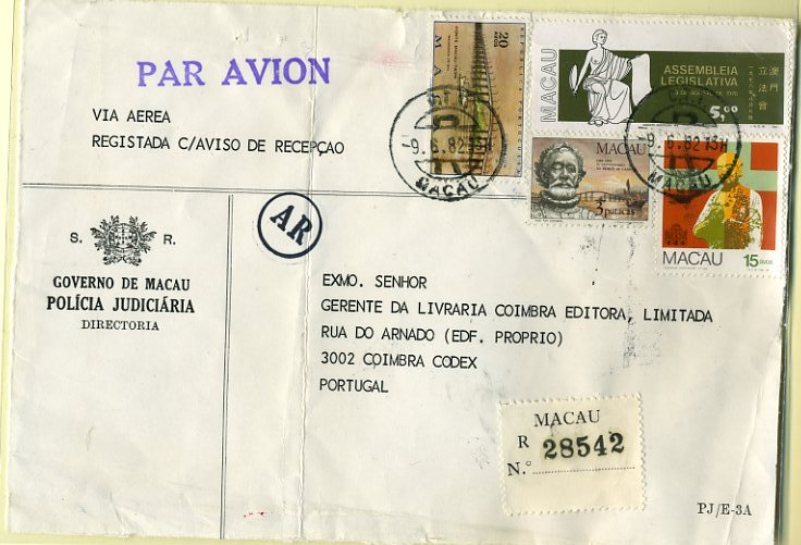 20Lis_166.jpg -     Lote:     166             Descrição:     1974/81 - Ponte Macau-Taipa, Assembleia Legislativa, Camões e Simpósio de Psiquiatria. Sobrescrito circulado registado com Aviso de Recepção de Macau (09.06.82) para Coimbra, com selos CE435, 444, 453 e 454. MB.         Carta        Valor Base:     &euro; 5,00     Valor Venda:     &euro;      