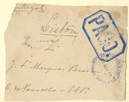 20Lis_168.jpg -     Lote:     168             Descrição:     Selos fixos de recurso. Fragmento de grande dimensão de carta circulada de Lourenço Marques (29.11.1890) para Lisboa,  com selo fixo de recurso "PAGO" batido a violeta. B e MR.         FRG        Valor Base:     &euro; 75,00     Valor Venda:     &euro;      