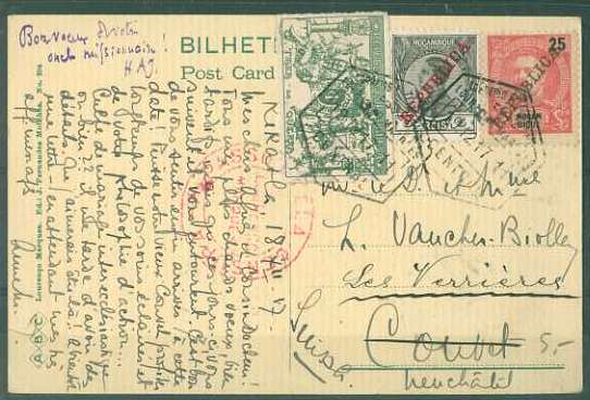 20Lis_169.jpg -     Lote:     169             Descrição:     1911/16 - D. Carlos I e D. Manuel com sobrecarga República e Taxa de Guerra. Postal ilustrado circulado de Lourenço Marques (19.12.17) para a Suiça com selos de 25 reis carmim CE108, 5 reis preto CE119 e 1 ctv verde CE IPT1. Carimbo da censura de Lourenço Marques batido a vermelho. MB.         PI        Valor Base:     &euro; 12,00     Valor Venda:     &euro;      