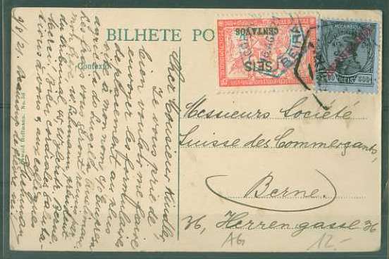 20Lis_170.jpg -     Lote:     170             Descrição:     1912/1920 - D. Manuel II com sobrecarga República + Taxa de Guerra com sobrecarga. Postal ilustrado circulado de Quelimane (09.08.16) para a Suiça, com trânsito pela Beira (06.08.21) com selos de 300 reis CE127 e 6 s/5 ctvs CE205. Carimbo hexagonal da Beira batido a azul.         PI        Valor Base:     &euro; 10,00     Valor Venda:     &euro;      