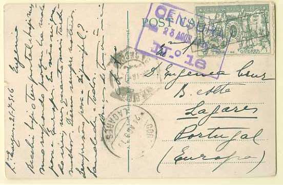 20Lis_171.jpg -     Lote:     171             Descrição:     1916 - Ceres e Taxa de Guerra. Postal ilustrado circulado de L. Marques (21.07.1916) para Lagares (24.08.16) com trânsito por Lisboa (23.08.16) com selo Ceres de 1 ctv verde na frente e selos de 1 ctv verde de Taxa de Guerra no verso, obliterado com carimbo mal batido "PAQUEBOT".         PI        Valor Base:     &euro; 5,00     Valor Venda:     &euro;      