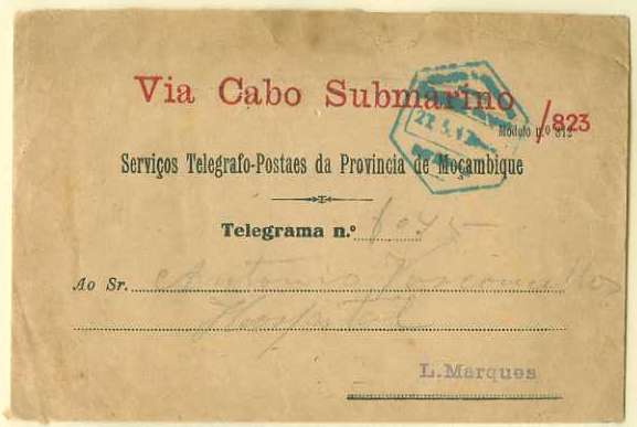 20Lis_173.jpg -     Lote:     173             Descrição:     1917 - Sobrescrito contendo telegrama dos Serviços Telégrafos-postais de Moçambique, remetido Via Cabo Submarino, datado de 27.05.17. Carimbo hexagonal batido a verde-azul.         TLG        Valor Base:     &euro; 40,00     Valor Venda:     &euro;      