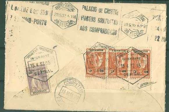 20Lis_174.jpg -     Lote:     174             Descrição:     1914/26 - Tipo Ceres. Sobrescrito circulado de Inhambane (15.04.32) para Ribeira de Rans (30.05.32) com selos 3 selos de 10 ctvs tijolo CE162 e 50 ctvs violeta CE254.         Carta        Valor Base:     &euro; 10,00     Valor Venda:     &euro;      