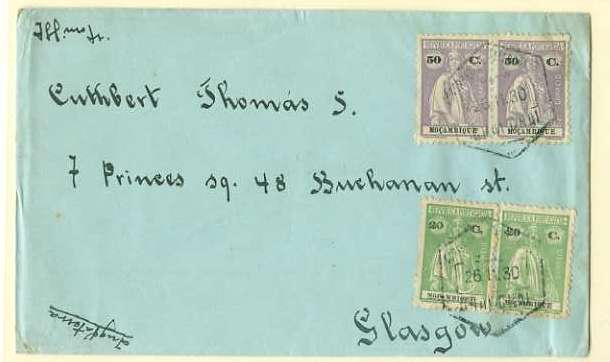 20Lis_177.jpg -     Lote:     177             Descrição:     1914/26 - Ceres. Sobrescrito circulado de Chai-Chai (26.11.30) para Glasgow com trânsito por Lourenço Marques (28.11.30) com par de 20 ctvs verde amarelo CE164 e par de 50 ctvs violeta CE254.         Carta        Valor Base:     &euro; 3,00     Valor Venda:     &euro;      
