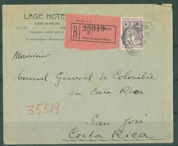 20Lis_179.jpg -     Lote:     179             Descrição:     1921 - Ceres. Sobrescrito circulado registado de Lourenço Marques (12.07.26) para a Costa Rica com selo de 2$00 violeta s/ rosa, CE233. Raro destino.         Carta        Valor Base:     &euro; 6,00     Valor Venda:     &euro;      