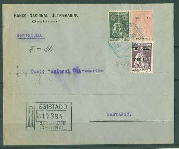 20Lis_180.jpg -     Lote:     180             Descrição:     1922/31 - Ceres. Sobrescrito circulado registado de Quelimane (16.11.31) para Santarém com trânsito por Lisboa (14.12.31) com selos de 30 ctvs verde oliva, 80 ctvs rosa e 70 ctvs s/ 2$00.         Carta        Valor Base:     &euro; 5,00     Valor Venda:     &euro;      
