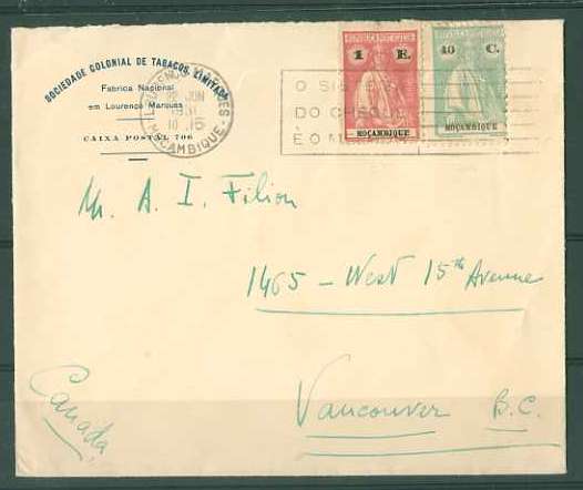 20Lis_182.jpg -     Lote:     182               Descrição:     1922 - Ceres. Sobrescrito circulado de Lourenço Marques (22.06.1931) para o Canadá com selos de 40 ctvs verde azul CE242 e selo de 1$00 carmim rosa, denteado 15x14, CE245.         Carta        Valor Base:     &euro; 4,00     Valor Venda:     &euro;      