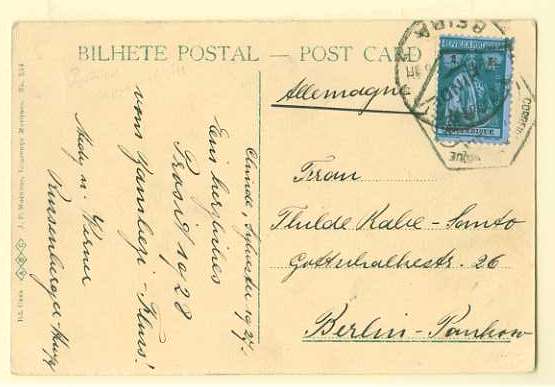 20Lis_183.jpg -     Lote:     183             Descrição:     1914 - Ceres. Postal ilustrado circulado do Chinde (23.01.28) para a Alemanha com trânsito pela Beira (27.03.28) com selo de 1$00 verde s/ azul, papel porcelana colorido, denteado 12 x 11.5.         PI        Valor Base:     &euro; 10,00     Valor Venda:     &euro;      